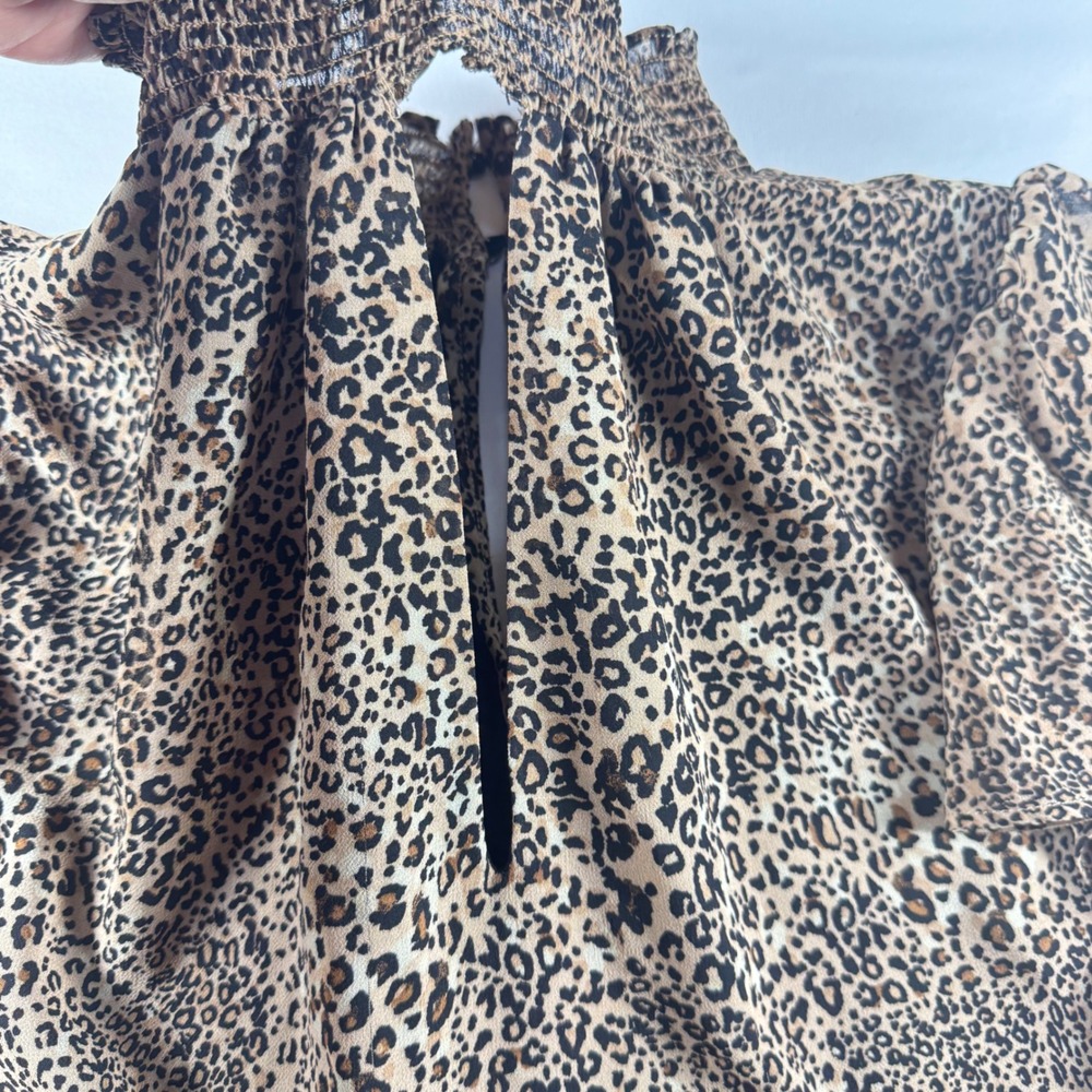 1.STATE Leopard Print Smocked High Neck Flutter Sleeve Blouse Plus Size 1X Brown - Picture 2 of 9